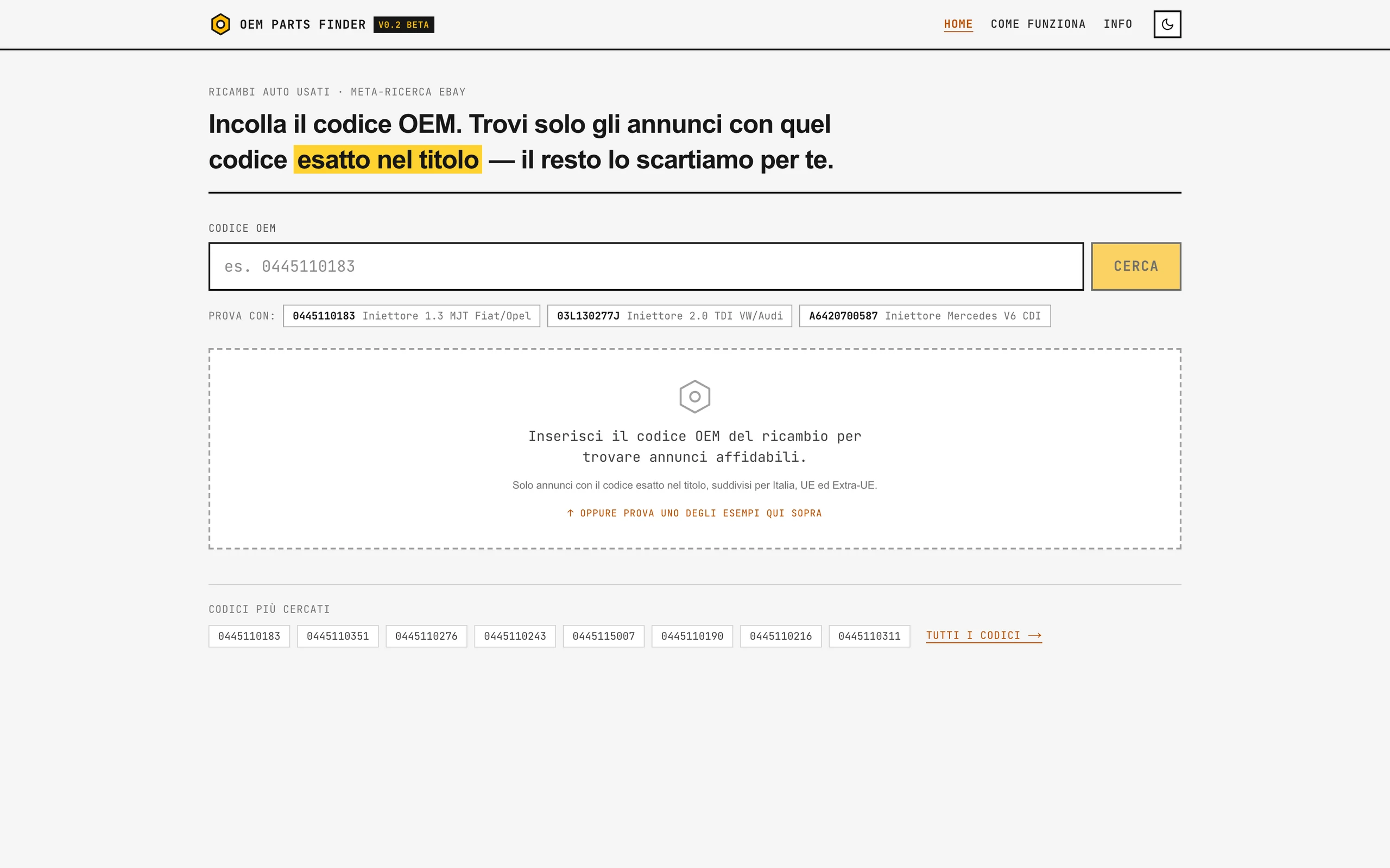 Cerca OEM — anteprima del sito